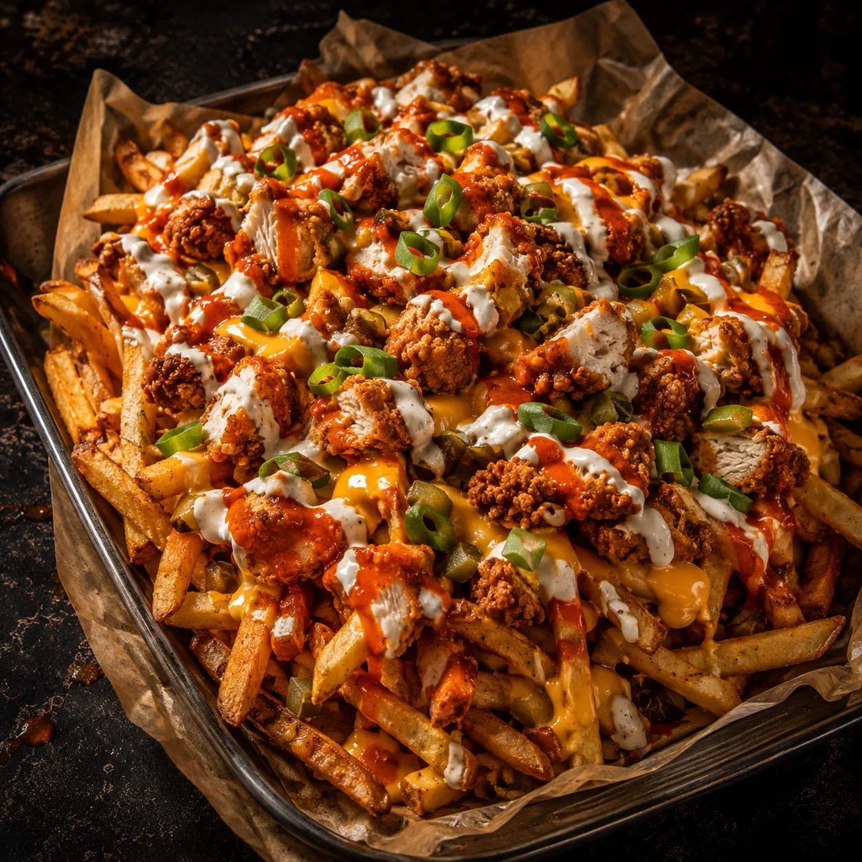 Loaded fries covered with chicken, sauce, cheese and toppings